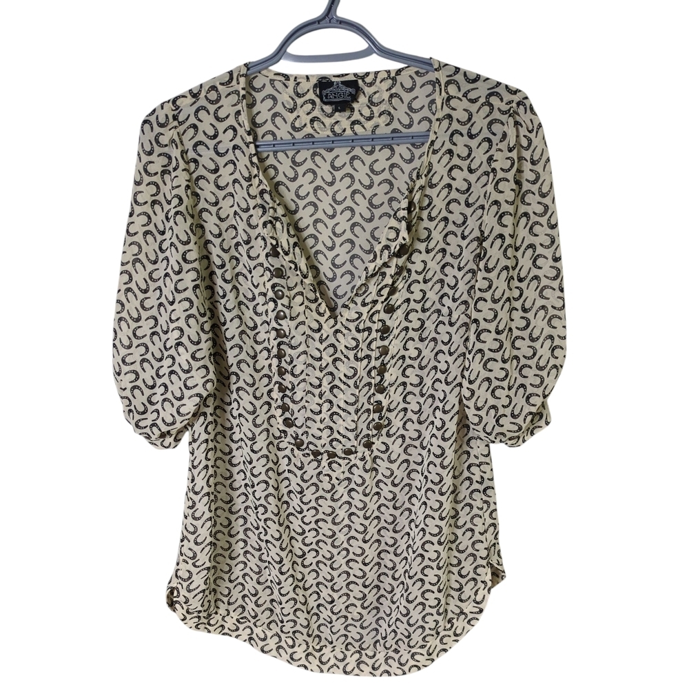 Angie Horseshoe Novelty Print Studded Blouse Sheer Size‎ Large